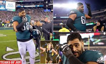 Aussie NFL star Jordan Mailata sheds tears of joy as his Philadelphia Eagles make the Super Bowl