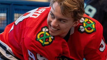 Blackhawks' Bedard skates in uniform at rookie showcase