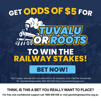 Bookmaker taking on Tuvalu and Roots in the Railway Stakes