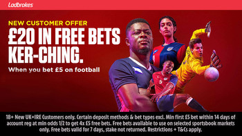 Football offer: Claim £20 in free bets when you bet £5 with Ladbrokes