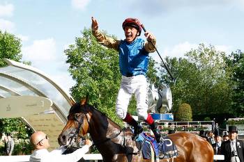 Frankie Dettori jumping for joy after getting off the mark at final Royal Ascot