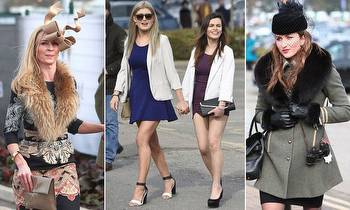 Fur, frocks and fascinators: Race-goers sport some VERY short skirts on a gloomy spring day at Cheltenham Festival