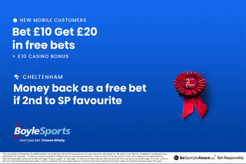 Get £20 free bets and £10 casino bonus PLUS money back as a free bet if you finish 2nd to the SP favourite at Cheltenham