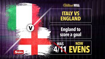 Italy vs England PRICE BOOST: Get Three Lions to score at EVENS with William Hill, plus claim £40 in free bets