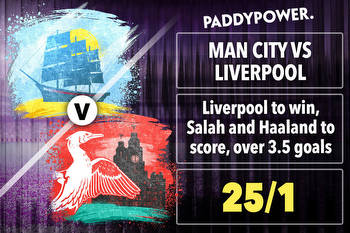 Man City v Liverpool: Get Liverpool to win, Haaland and Salah to score and over 3.5 goals at 25/1