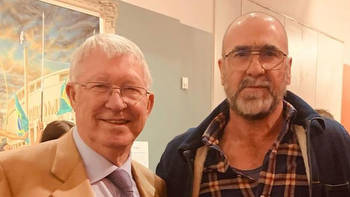 Man Utd icons Sir Alex Ferguson and Eric Cantona pose at art exhibition ahead of Manchester derby
