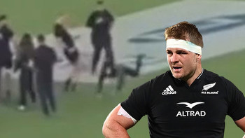 New Zealand captain Sam Cane brutally KICKS pitch invader sending his shoe flying before issuing grovelling apology