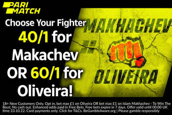 Oliveira v Makhachev: Get Oliveira to win at 40/1 or Makhachev to win at 60/1 with Parimatch