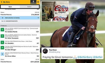 Racing punter stands to win more than £500,000 from a £5 bet if Envoi Allen wins at Cheltenham.