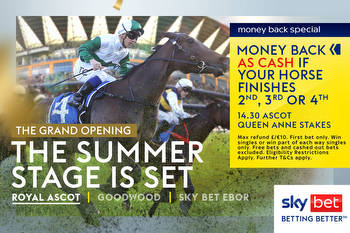 Royal Ascot money back as cash on Queen Anne Stakes if your horse finishes 2nd, 3rd or 4th on Sky Bet!