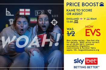 Sky Bet boost: England ace Harry Kane to score or assist v Iran was 1/2 NOW 1/1!