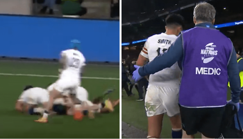 The moment England fly-half Marcus Smith picked up his ankle injury