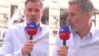 Watch terrified Jamie Carragher's hilarious reaction as he jumps out of skin live on Sky when POLICE HORSE walks past