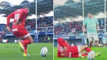 Welsh rugby legend Dan Biggar collapses to ground after suffering bizarre injury while taking conversion