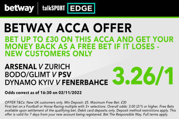 Win £128 or get £30 matched FREE BET if your first Europa League acca loses with Betway