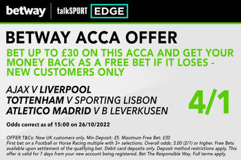 Win £141 or get £30 matched FREE BET if your first Champions League acca loses with Betway