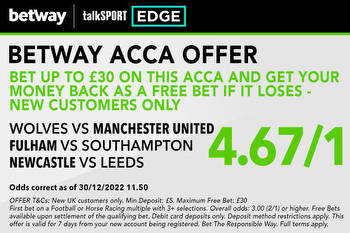 Win £170 or get £30 matched FREE BET if your first Premier League acca loses with Betway