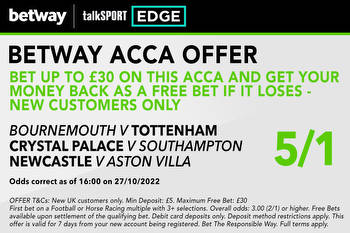 Win £178 or get £30 matched FREE BET if your first Premier League acca loses with Betway
