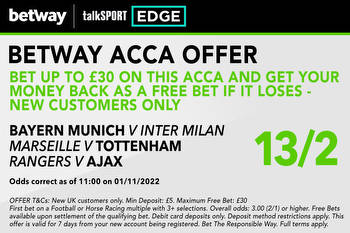 Win £225 or get £30 matched FREE BET if your first Champions League acca loses with Betway