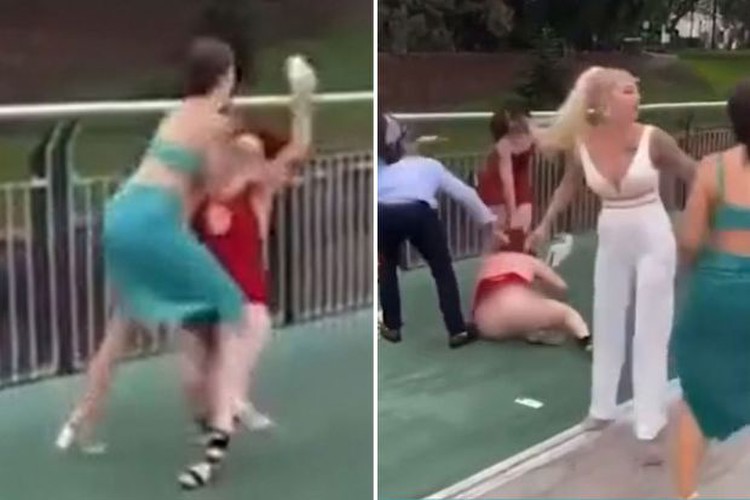 Vicious six-woman brawl erupts at the races with punches & dresses going everywhere as one gets brutally bashed in face