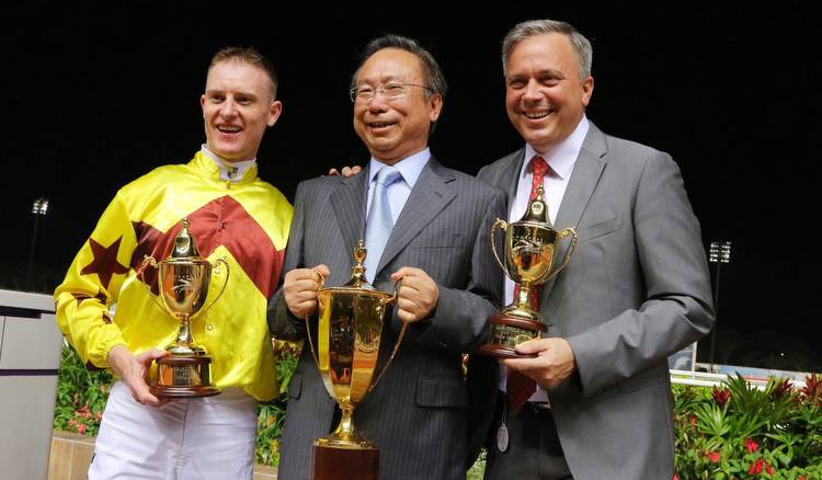 Zac Purton, Boniface Ho (who also owns Classique Legend), trainer Caspar Fownes celebrate Southern Legend’s victory in the 2019 Kranji Mile.