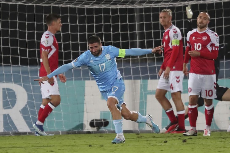 San Marino’s Alessandro Golinucci, second from left, celebrates after scoring his side’s opening goal during the Euro 2024 group H qualifying match between San Marino and Denmark at the San Marino Stadium in Serravalle, San Marino.