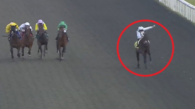 Erratic horse ‘moonwalks’ to victory at Kempton after crashing through rail in race before