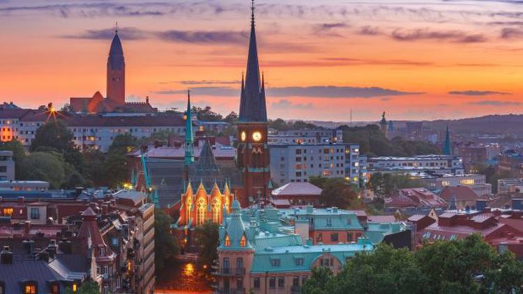 Scenic aerial view of the Old Town with Oscar Fredrik Church in the gorgeous sunset, Gothenburg, Sweden. iStock image for Traveller. Reuse permitted.Aerial view of Gothenburg, Sweden