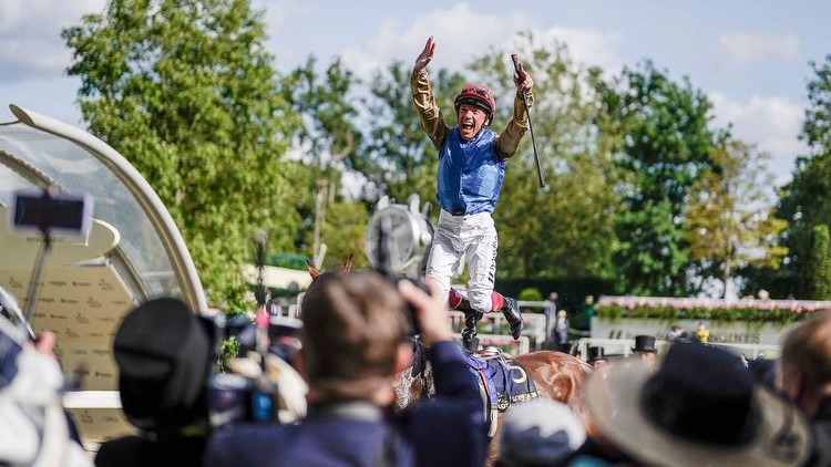 Frankie Dettori leaps in the winner's enclosure after riding Gregory to win the Queen's Vase on day two of Royal Ascot