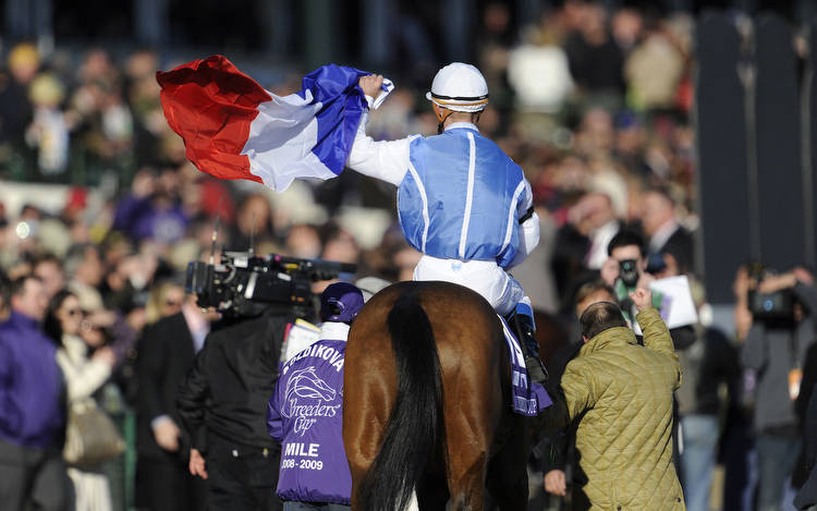 Flying the flag: Goldikova and Olivier Peslier after completing an unprecedented Breeders’ Cup Mile hat-trick at Churchill Downs in 2010. Photo: Breeders' Cup/Todd Anderson