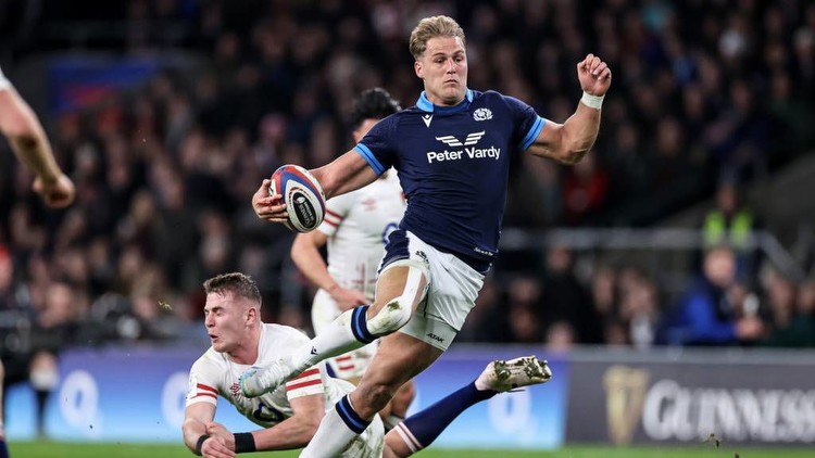 2023 Guinness Six Nations Championship Round 1, Twickenham, England 4/2/2023 England vs Scotland Scotland’s Duhan van der Merwe with Freddie Stewart of England Mandatory Credit ©INPHO/Billy Stickland