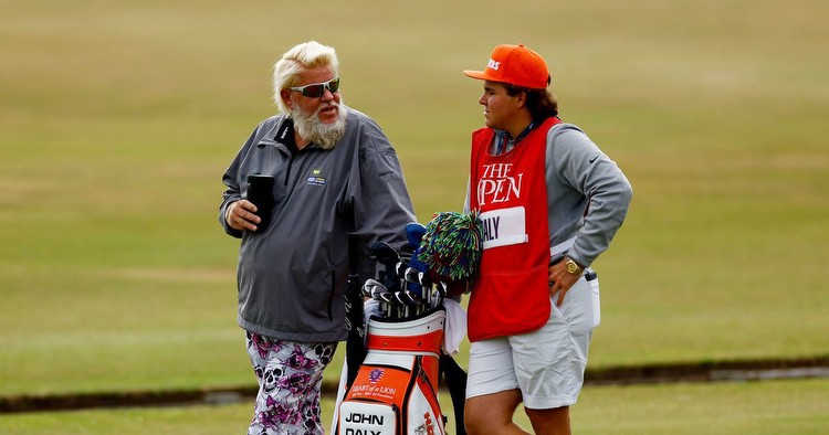 John Daly using Hooters golf bag at The Open as his caddy son dons matching hat