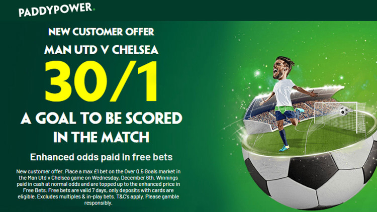 Man Utd vs Chelsea: Get 30/1 for a goal to be scored during Wednesday's Premier League contest with Paddy Power