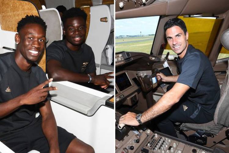 Mikel Arteta sits in cockpit of Arsenal's private jet before stars are swarmed by fans as they arrive in US for tour