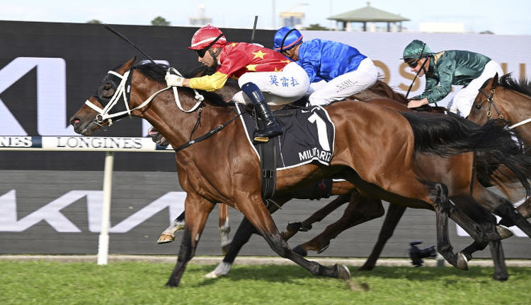 Militarize wins the Group 1 Golden Rose at Rosehill. (Image: Bradley Photos)