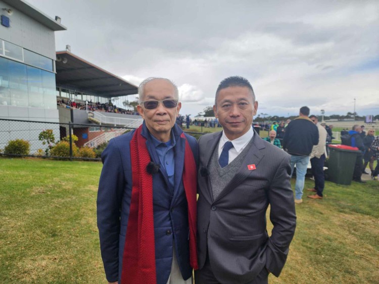 Romantic Warrior’s owner Peter Lau and trainer Danny Shum at Geelong on Wednesday.