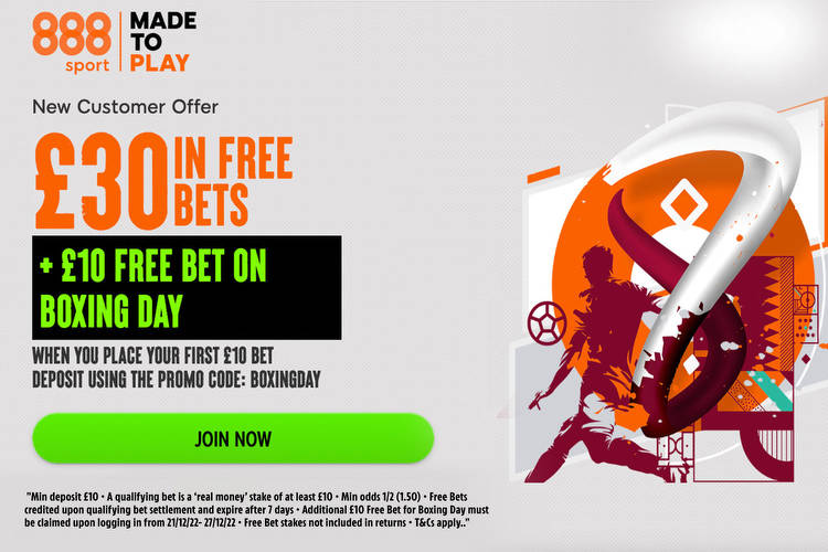 Sports betting offer: Bet £10 Get £30 free bets + £10 for Boxing Day with 888Sport