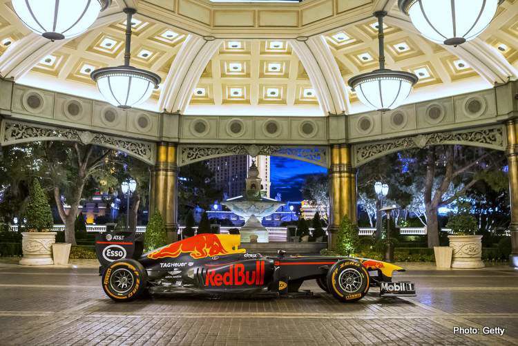 Aston Martin Red Bull Racing car checks into valet parking on the Las Vegas Strip in Las Vegas, Nevada, USA. // Garth Milan / Red Bull Content Pool // SI201807310386 // Usage for editorial use only //
