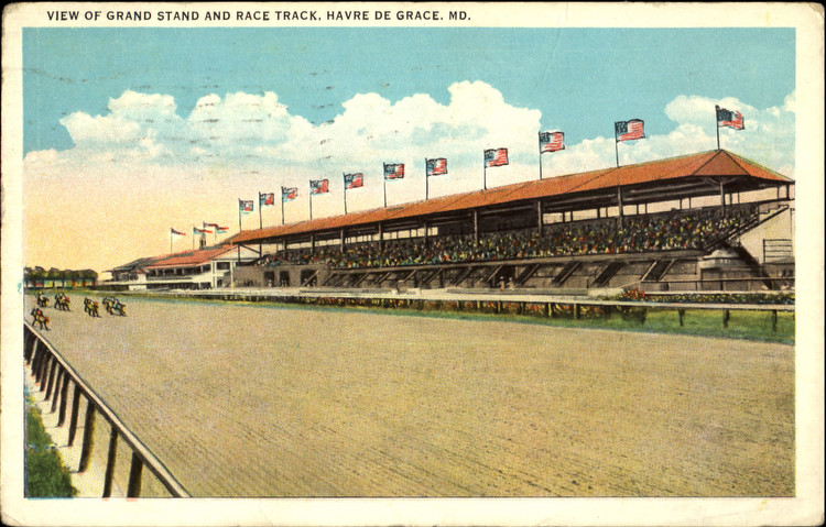 A postcard depicting Havre de Grace racetrack in the 1930s. The track operated from 1912 to 1952