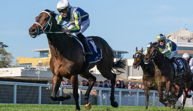 Uncle Bryn kicks clear to win the MRC Foundation Cup at Caulfield. (Image: Racing Photos)