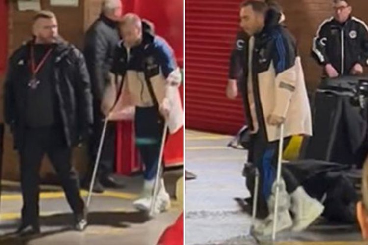 Watch Christian Eriksen limp out of Old Trafford on crutches as Man Utd star suffers injury after Andy Carroll tackle