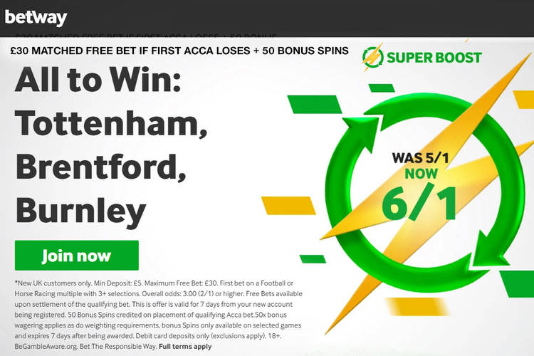 Weekend boost: Get 6/1 on Tottenham, Brentford and Burnley all to win with Betway