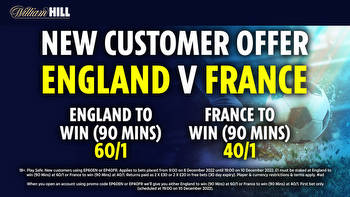 England vs France boost: Get Three Lions at 60/1, or Les Bleus at 40/1 to win World Cup clash (90 mins) at William Hill