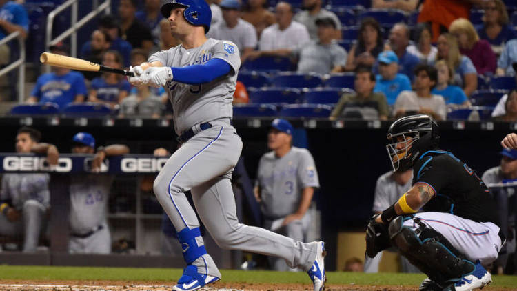 Ryan McBroom of the Kansas City Royals hits a double in the fourth inning against the Miami Marlins. Photo by Getty Images.