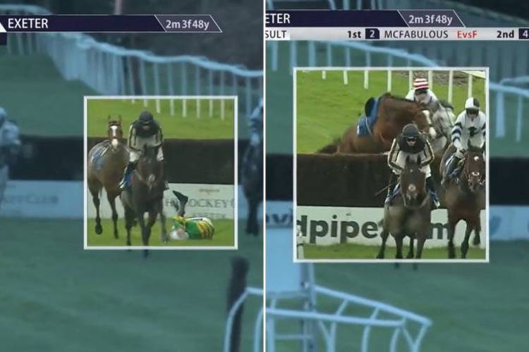 Watch loose horse cause chaos and try to headbutt two others moments after dumping jockey to the ground